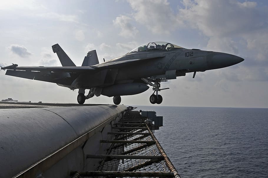gray fighter jet take off on the aircraft carrier, military, f-18