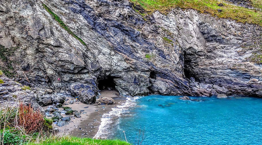 Cove, Coast, Beach, Rocks, Cornwall, tintagel, caves, sea, bay, HD wallpaper