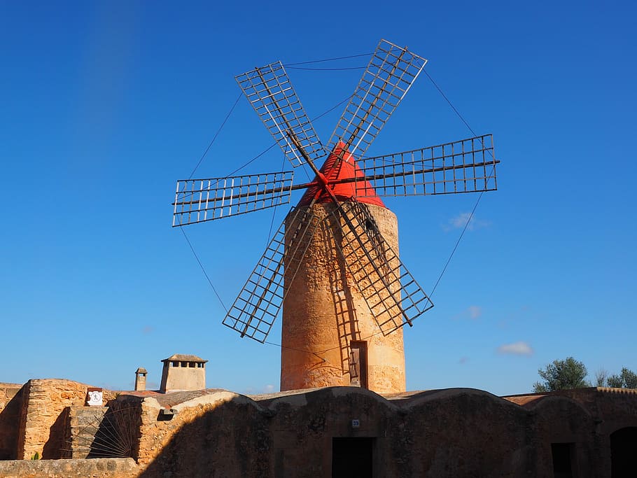 brown and red concrete windmill, wind power, algaida, mallorca HD wallpaper