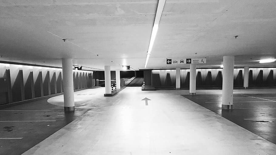 grayscale photo of building parking lot, grayscale photo of parking lot HD wallpaper