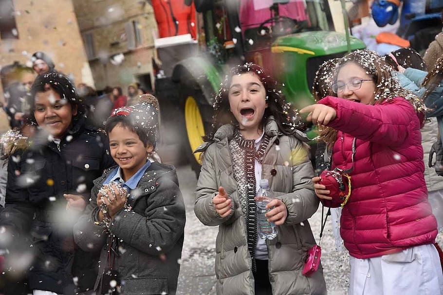children playing snow, carnival, masks, fun, children dressed HD wallpaper