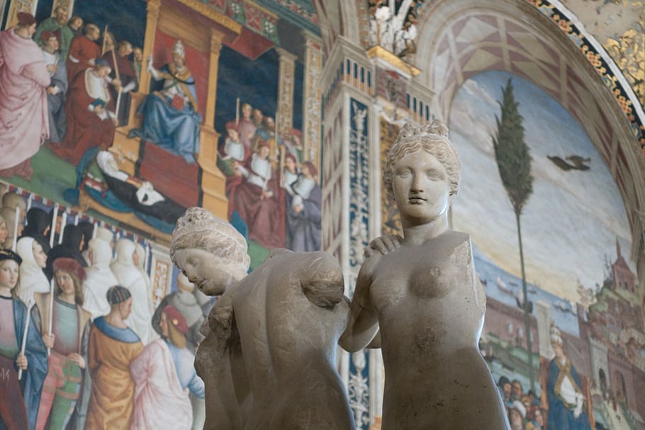 three female statue inside building, library, graces, libreria piccolo mini HD wallpaper