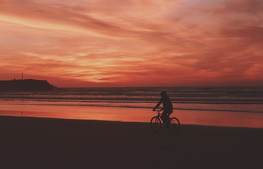 person riding on bicycle, silhouette of person biking near seashore during golden hour HD wallpaper