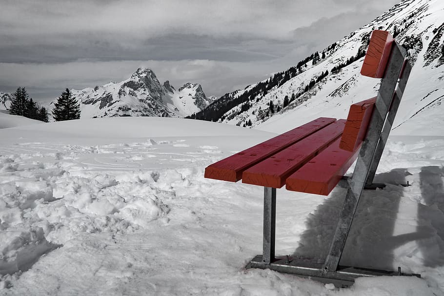 Grey and Brown Bench on Snow Near Mountain during Daytime, cold HD wallpaper