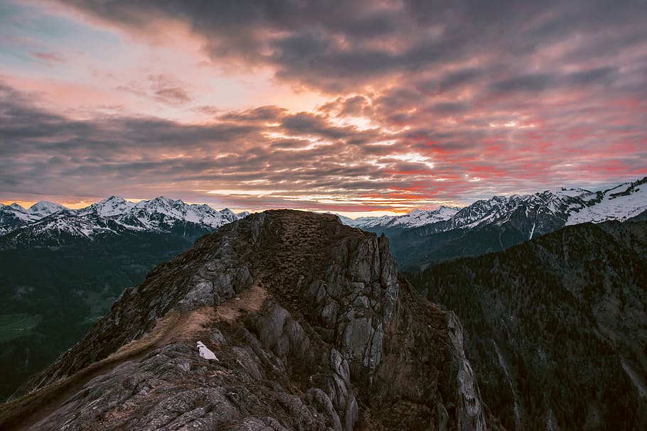 mountain near mountain range during golden hour, mountain under cloudy sky HD wallpaper
