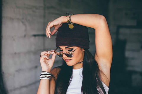 women's wearing black bonet and black frame sun glasses, people HD wallpaper