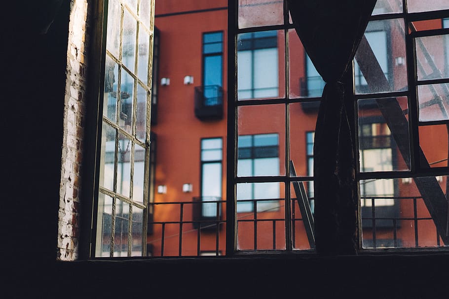 minimalist photo of glass window with building view, open windowpane and brown building HD wallpaper