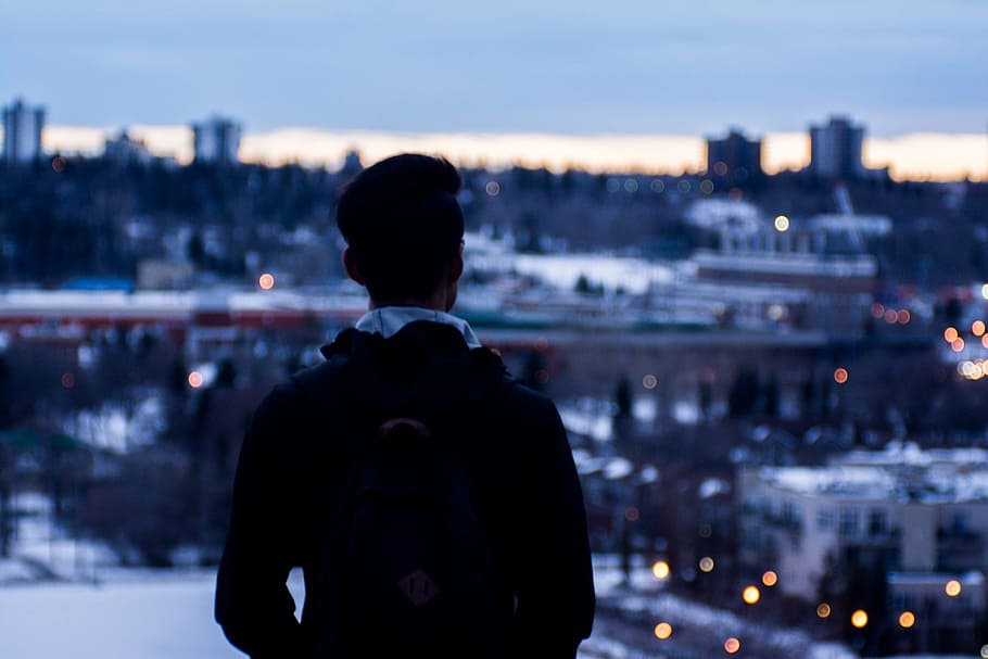 guy, man, city, view, blurry, one person, architecture, rear view HD wallpaper