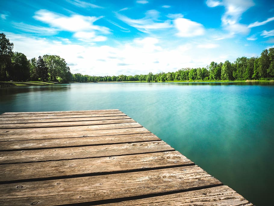 brown wooden seadock on body of water, augsburg, lake, summer HD wallpaper