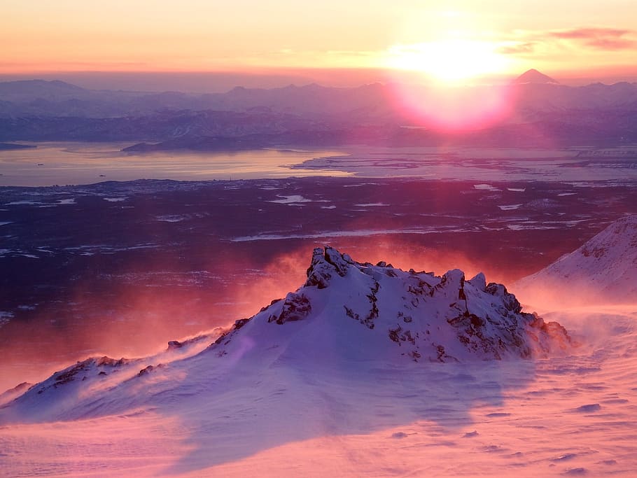 snow covered hill surrounded by snow during golden hour, volcano HD wallpaper