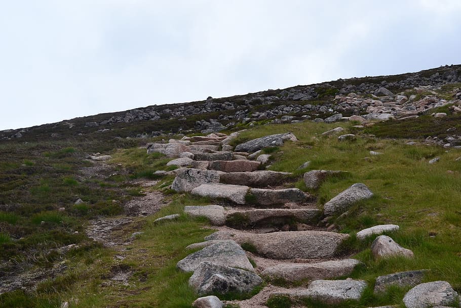Away, Sky, Blue, Stones, Green, Clouds, hiking, scotland, landscape HD wallpaper