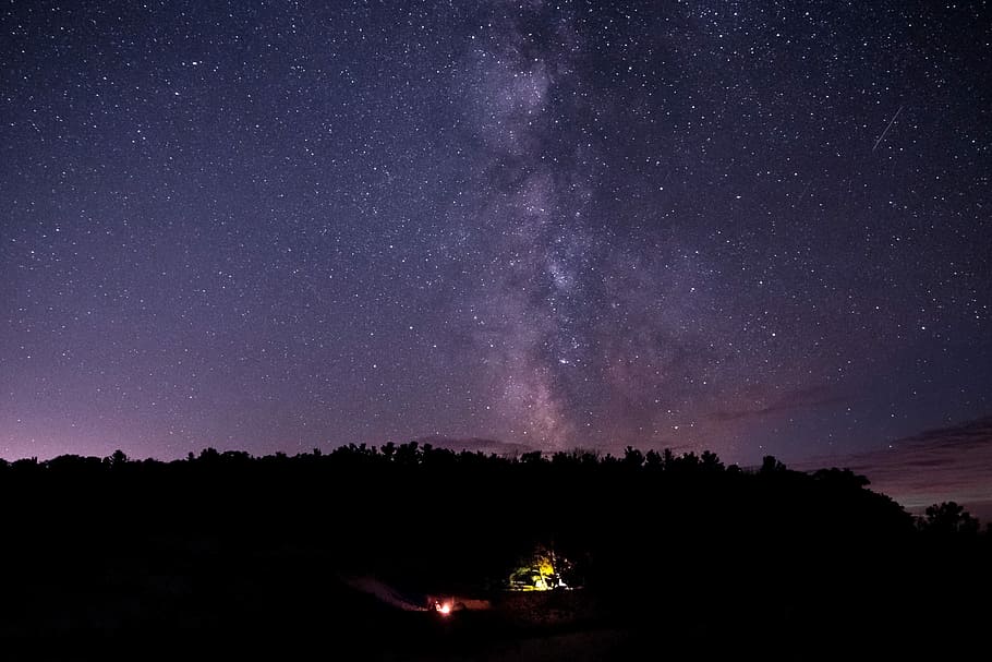 scenery of mountain, silhouette of trees under starry skies, sky HD wallpaper