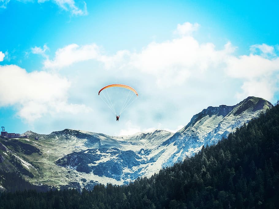 person doing paragliding, allgäu, mountains, panorama, landscape, HD wallpaper