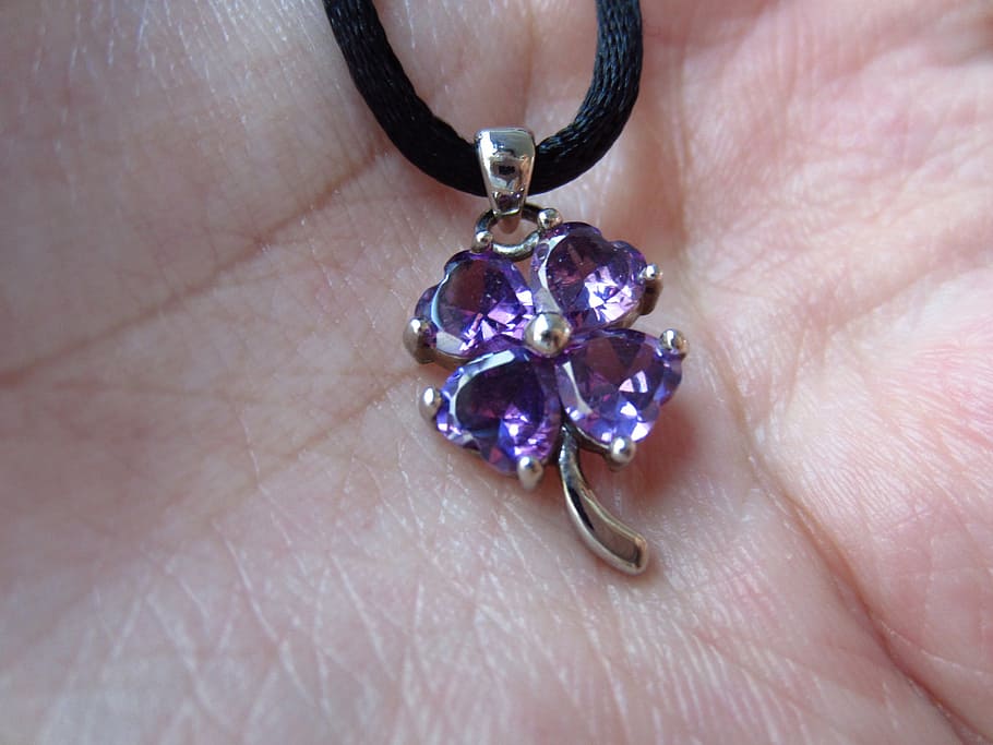 pendant, clover, luck, 4-leaf, precious, jewelry, purple, fine HD wallpaper