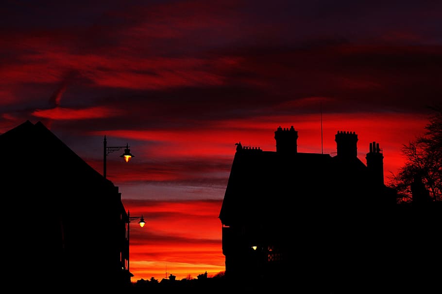 red, orange, sky, dark, night, building, house, tree, light HD wallpaper