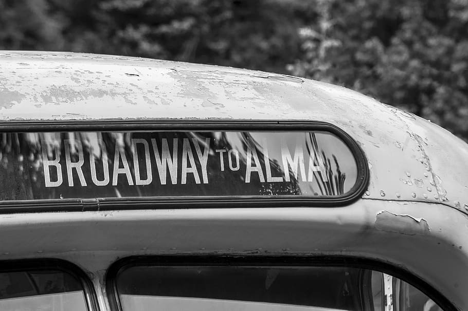 grayscale photography of Broadway to Alma car route signage, Vintage