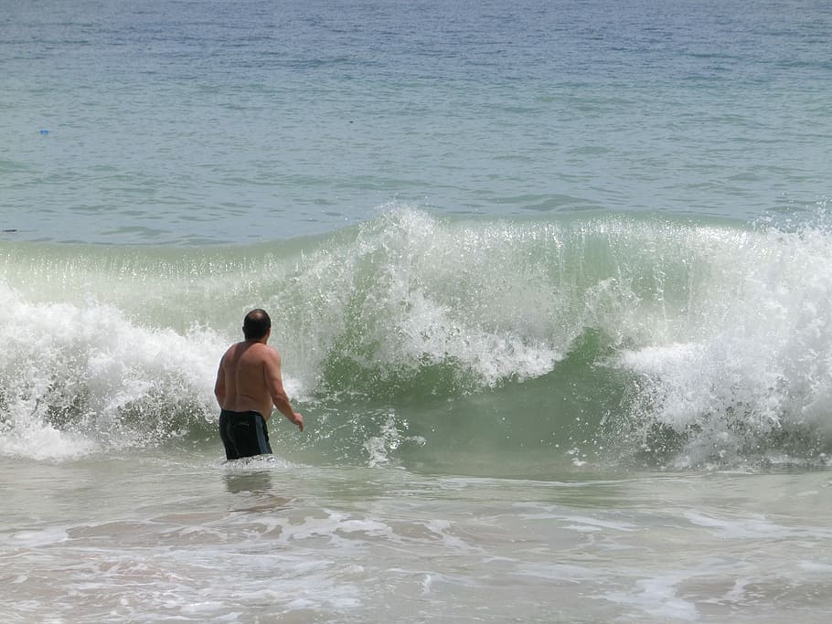man facing wave on a beach, Water, Sea, Human, Man, Swimmer HD wallpaper