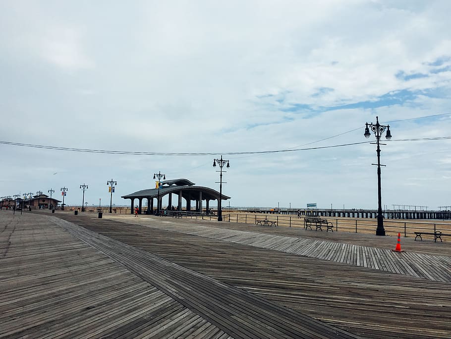 Boardwalk with Sand and Pier, beach, sky, wood, Beaches, New York HD wallpaper