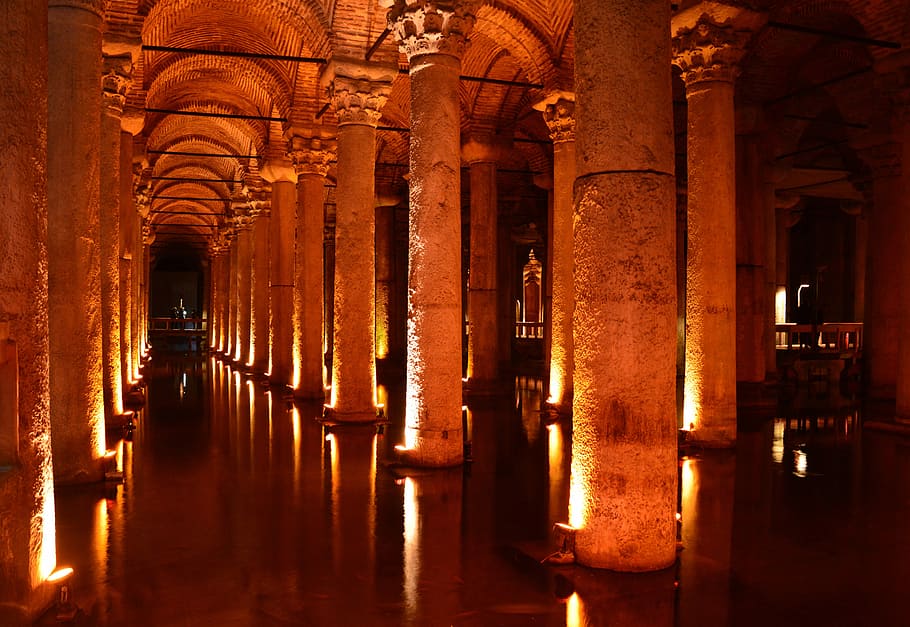 Basilica cistern in the Cathedral in Istanbul, Turkey, architecture HD wallpaper