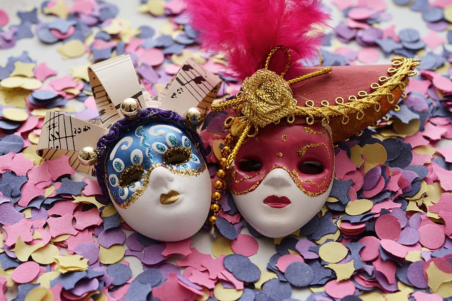 blue and red masks, carnival, confetti, colorful, venice, mysterious, HD wallpaper