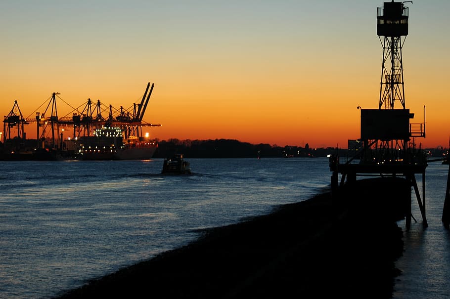 silhouette of boats on body of water, Container Ship, Port HD wallpaper