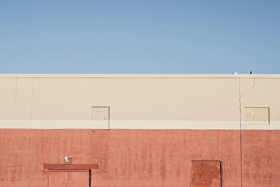 brown painted building, wall, colors, blue, red, architecture HD wallpaper