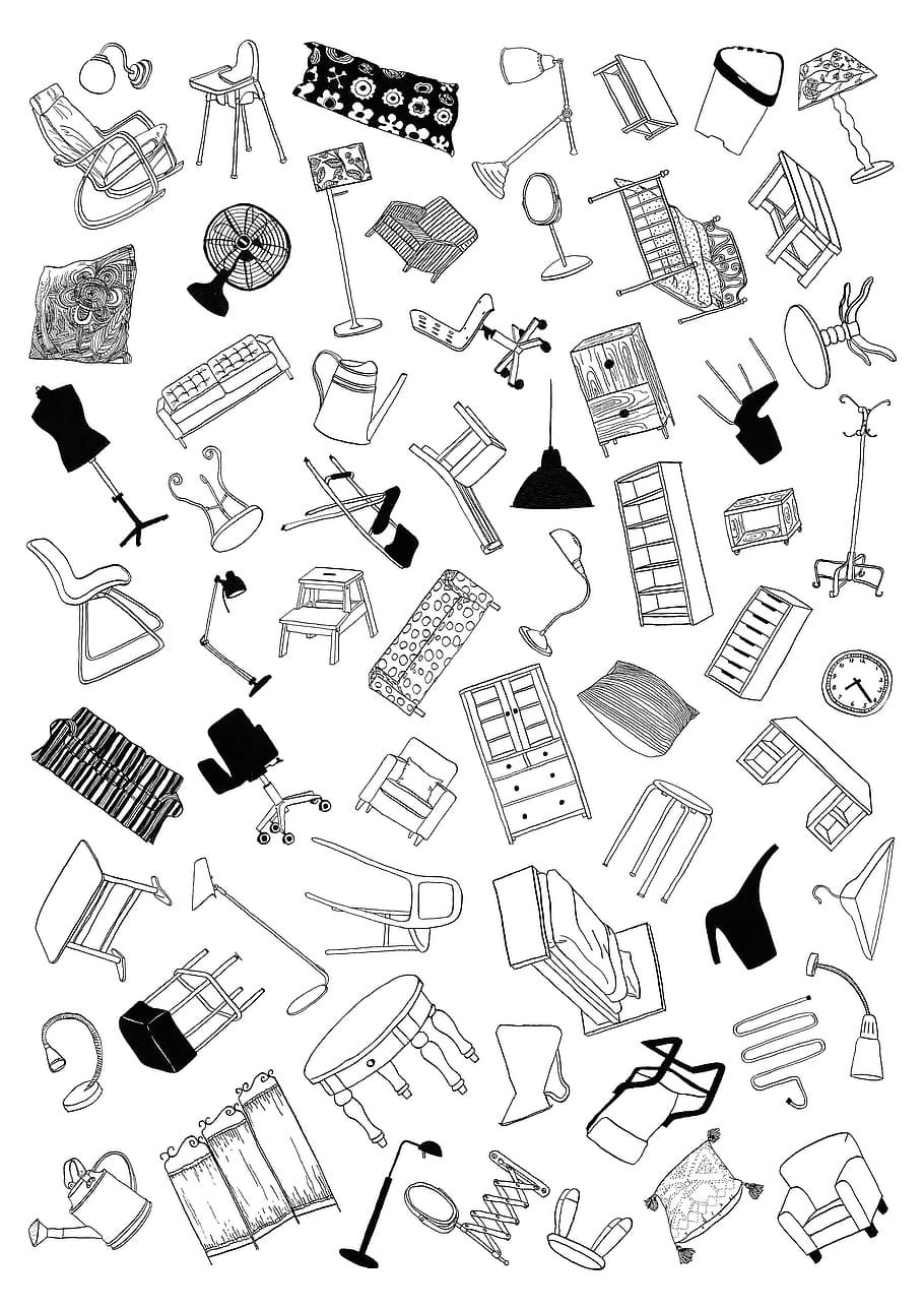 assorted item illustration, Pattern, Ikea, Furniture, Decor, black