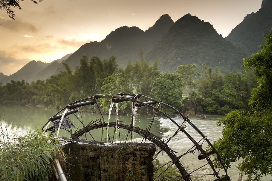 watermill surround by mountains during daytime, rivers, the landscape HD wallpaper