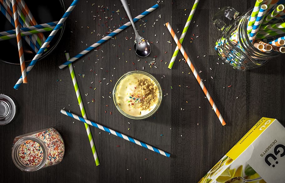 sweets, straw, sprinkles, table, spoon, glass, jar, directly above HD wallpaper