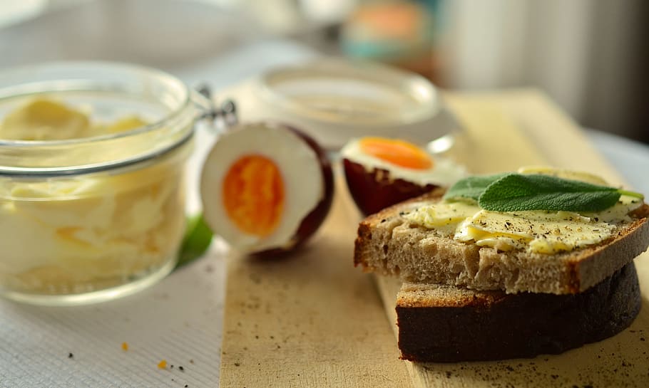 wheat bread beside butter jar, breakfast, farmer's bread, bread and butter HD wallpaper