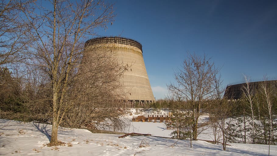 cooling tower, reactor, unfinished, snow, exclusion zone, winter
