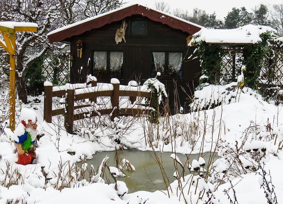 Winter, Snow, Wintry, Dwarf, Pond, Ice, frozen, garden, bridge HD wallpaper