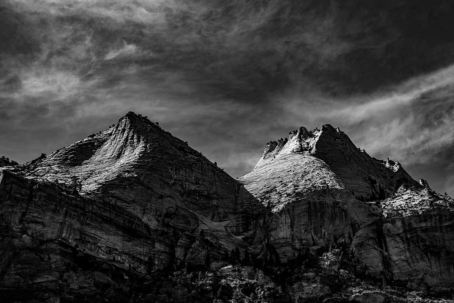grayscale photography of mountains, cliff, rock, snow, sky, cloud HD wallpaper