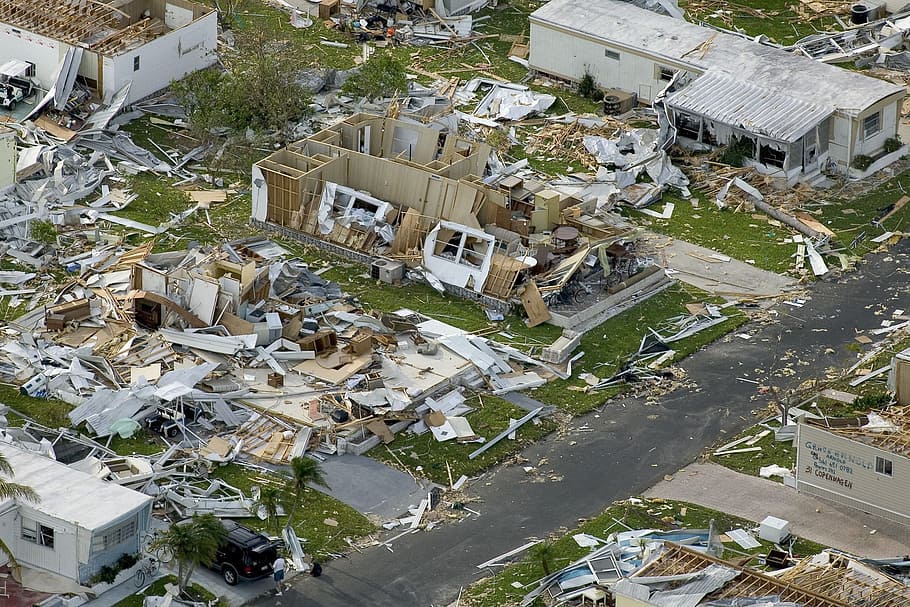 aerial view of broken houses, hurricane, devastation, charley