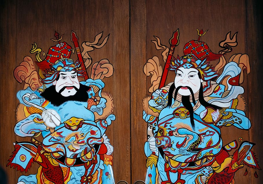 blue and red Chinese men decors, two Samurai decors, painting, HD wallpaper