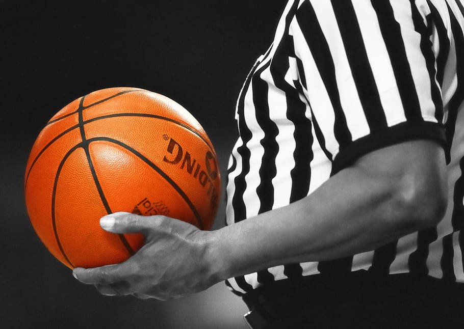 man with white and black striped shirt holding orange Spalding basketball, HD wallpaper