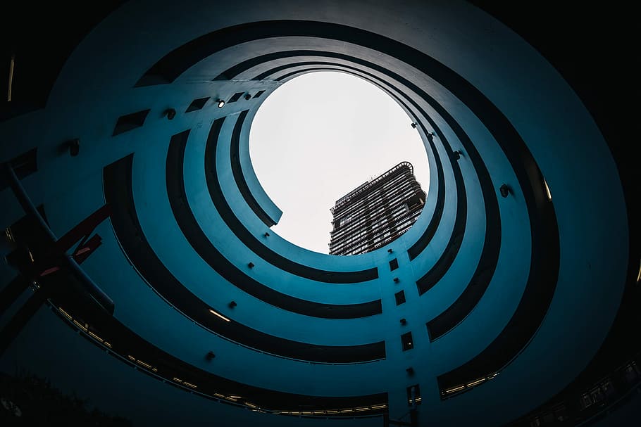 low-angle photography of skyscaper building, low angle photography of dome holed building ceiling HD wallpaper