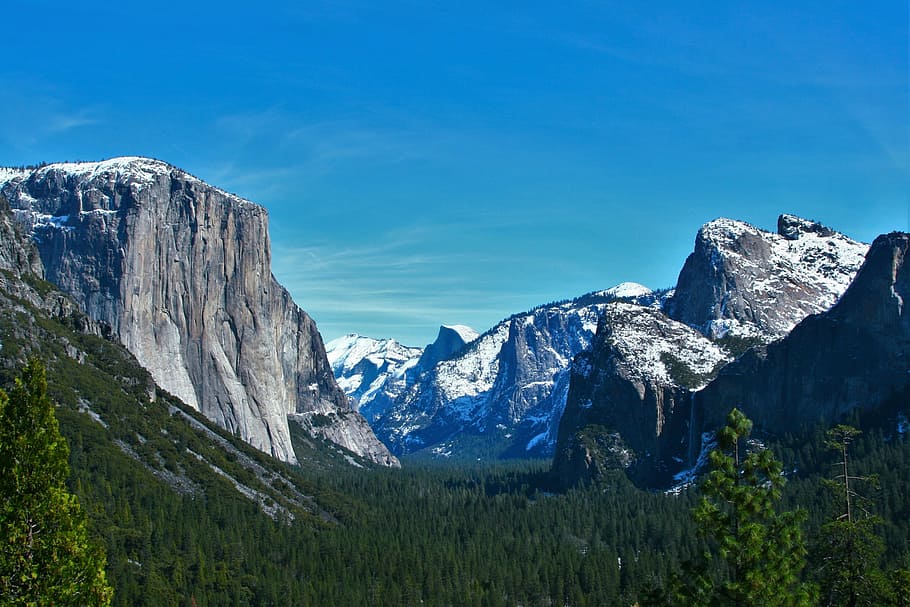 yosemite, snow, thaw, reflection, blue sky, mountain, brook HD wallpaper