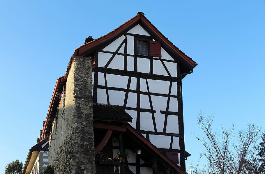 Home, Truss, Historically, City Wall, old town, sky, blue, arbon, HD wallpaper