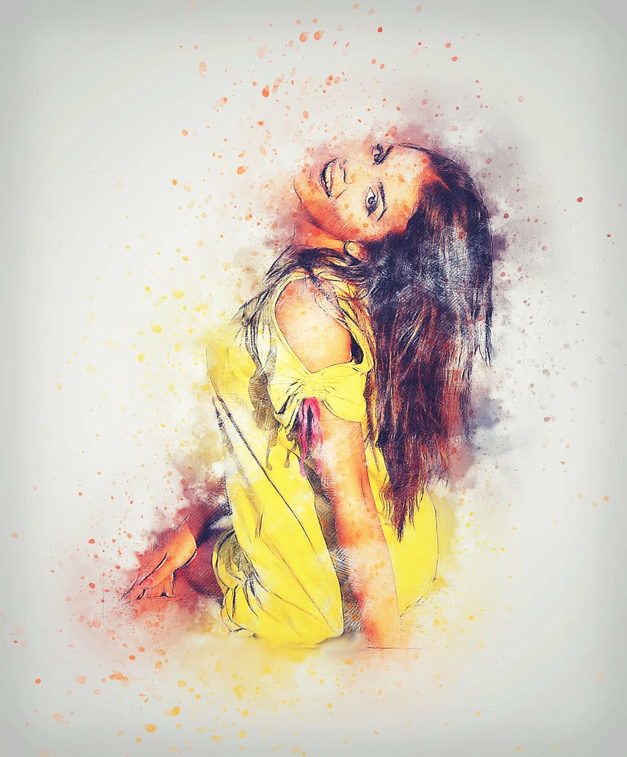 woman, art, abstract, dress, yellow, vintage, girl, beauty, emotion, HD wallpaper