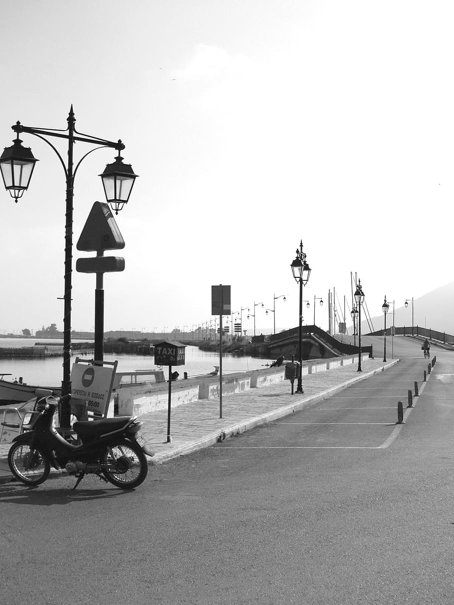path, motorcycle, old, black-white, lamps, coast, sky, transportation HD wallpaper