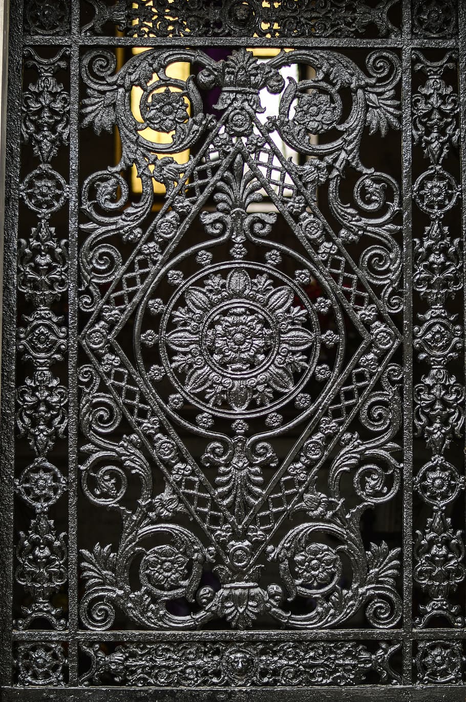 grey wrought iron decor, rusty, door, old, metallic, vintage HD wallpaper