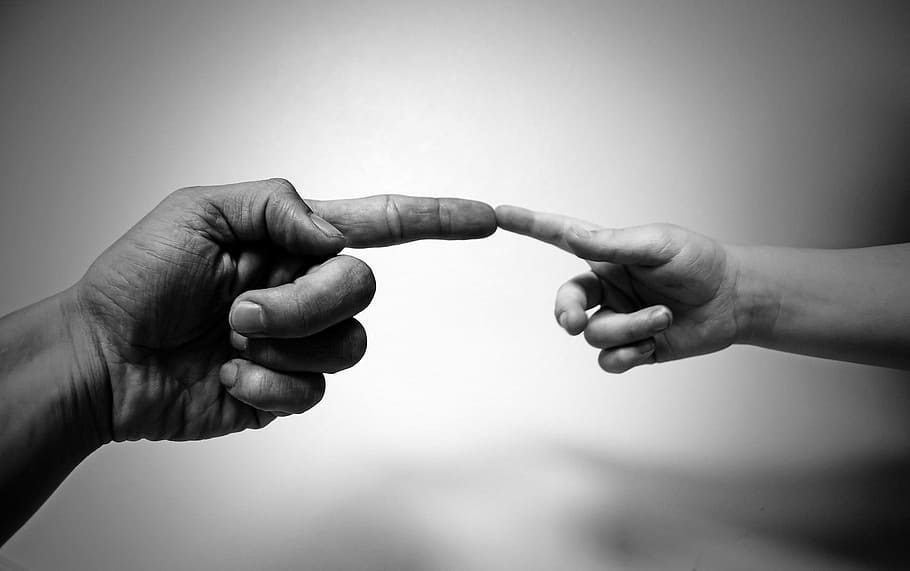 grayscale photography of two index fingers of two persons, michelangelo, HD wallpaper