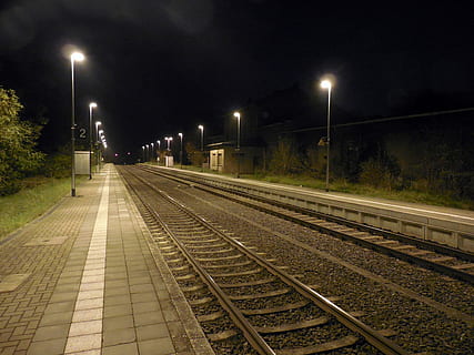 Rail, Track, Railway, Train, railway station, infinity, night HD wallpaper