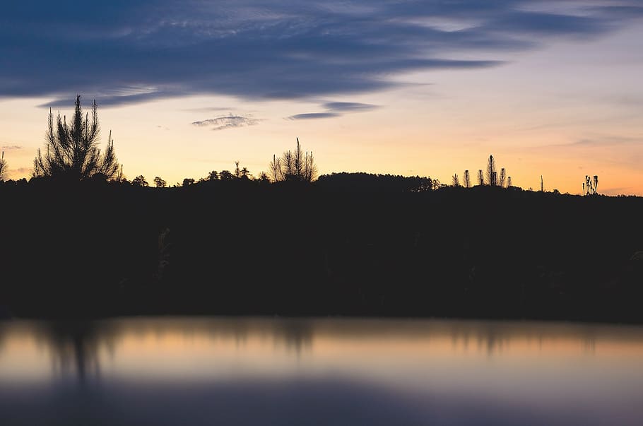 dawn, dusk, lake, landscape, reflection, river, silhouette HD wallpaper
