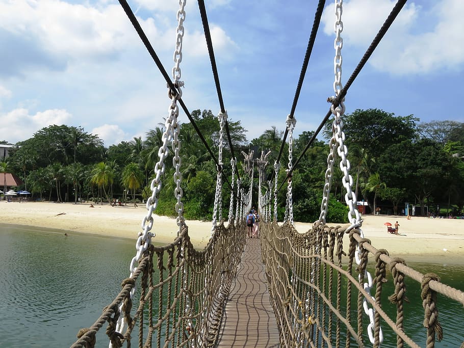 brown hanging bridge over body of water, Sentosa, Beach, Singapore
