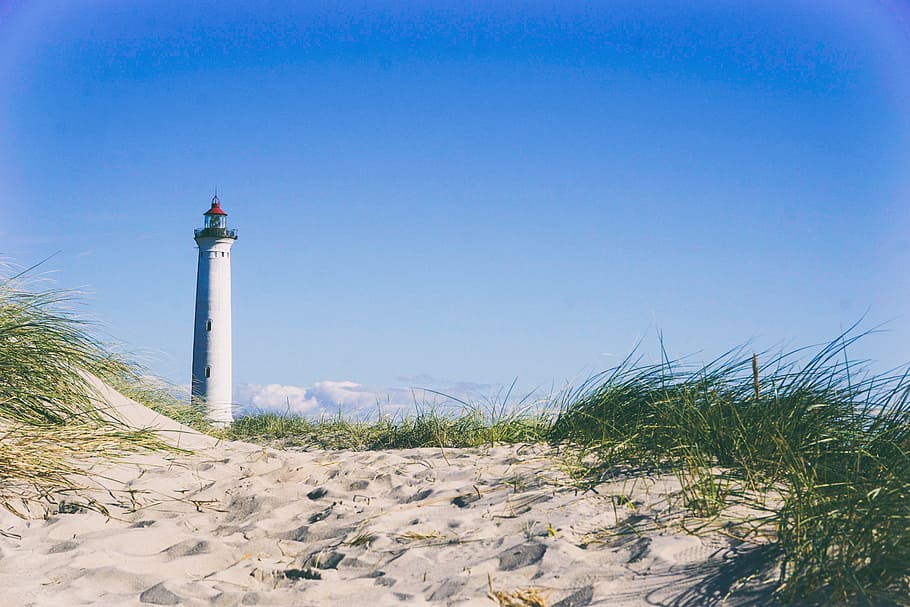 white lighthouse surrounding grass, lighthouse under cumulus clouds HD wallpaper
