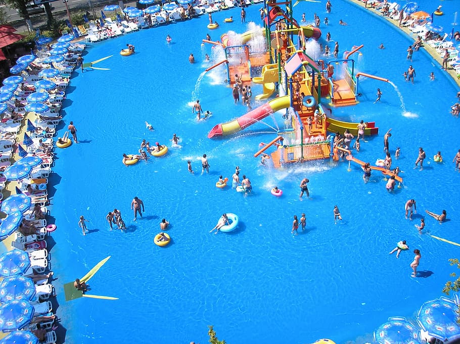 aerial photography of people in swimming pool, amusement, aqua, HD wallpaper