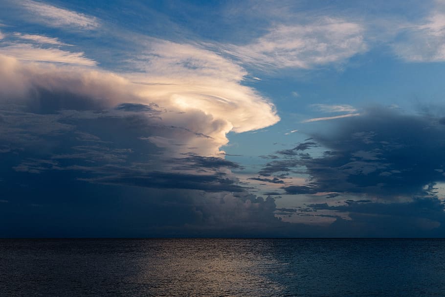 sea, dawn, nature, sky, cloud formation, clouds, cloudscape, dark HD wallpaper