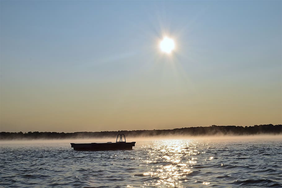 sunrise, lake, mist, dock, water, landscape, nature, sky, summer HD wallpaper